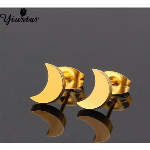 Yiustar New Fashion Cute Moon Earrings Tiny Trendy Stainless Steel Black Earrings 3 Color Moon Stud Earrings for Women Girls