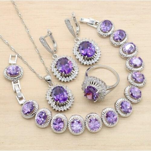 New Arrivals Silver Color Jewelry Sets For Women Wedding Purple Cubic Zircon Earrings Pendant Necklace Bracelet Ring 4PCS