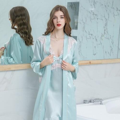 Luxurious 100%Mulberry Silk Autumn New Women Pajamas Kimono Robe Night Dress Bathrobe Cardigan Sling Set Home Clothes Sleepwear