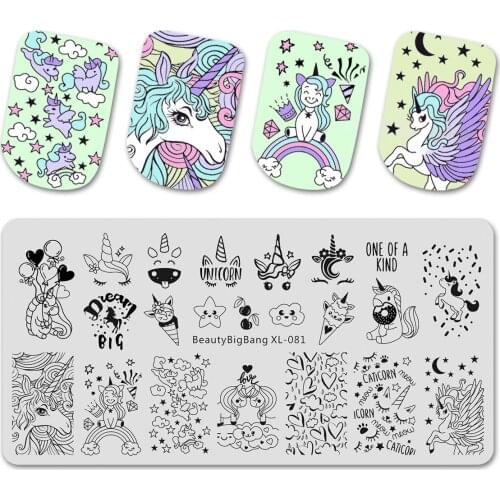 Beauty Bigbang Stamping Plates Cute Unicorn Cloud Star Ice Cream Pattern Nail Art Mold Tool Accessories Stamp Template XL-081