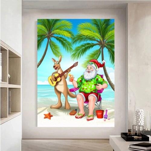 Full Square Round Drill Diamond Painting Santa claus and Kangaroo on holiday by the sea 5D Diy Diamond Embroidery Mosaic X117