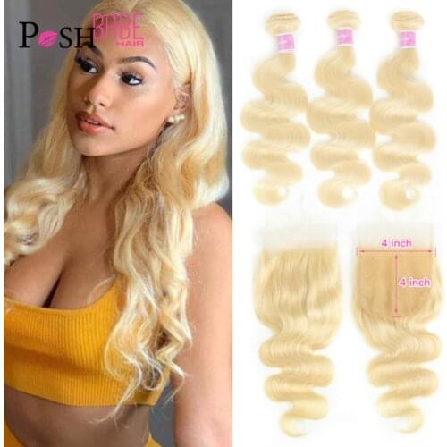 POSH BABE 3 4 Human Hair Bundles With 4x4 Closure Remy Malaysian Hair Extension Human Hair Blonde Closure And Body Wave Bundles