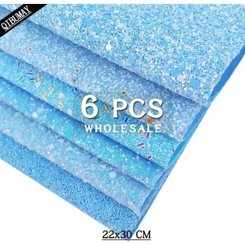 QIBU 22*30cm 6pcs Blue Faux Leather Sheets Chunky Glitter Fabric For Hairbow Supplies Christmas Party Decoration Material Crafts