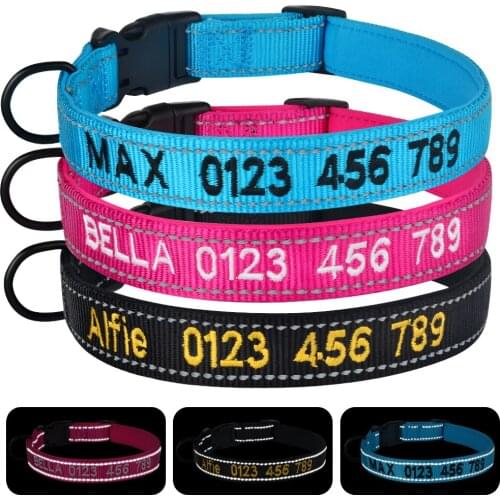 Adjustable Nylon Personalised Embroidered Dog Collar Puppy ID Collars Reflective
