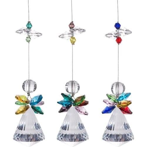 Glass Crystal Rainbow Angel Ornament Chakra Hanging Suncatcher Window Sun Baroque Maple Leaf Pendant for Gift