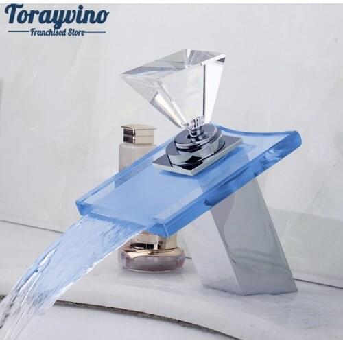 LED Bathroom Sink Faucet torneira Waterfall Glass Brass Faucet Tap Faucet Mixers Taps Diamond Shape Handle 3 Color LED Light