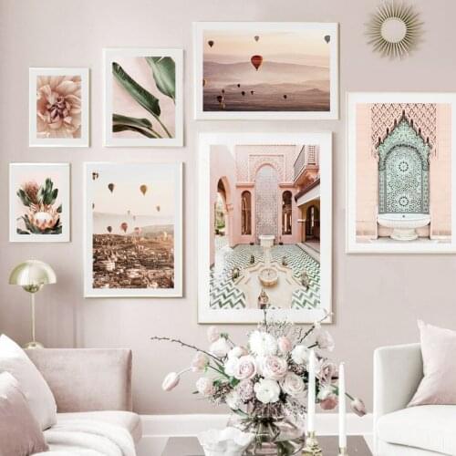 Warm Pink Hot Air Balloon Flower Leaf Morocco Posters And Prints Illustration Wall Art Decorative Picture For Living Room Decor