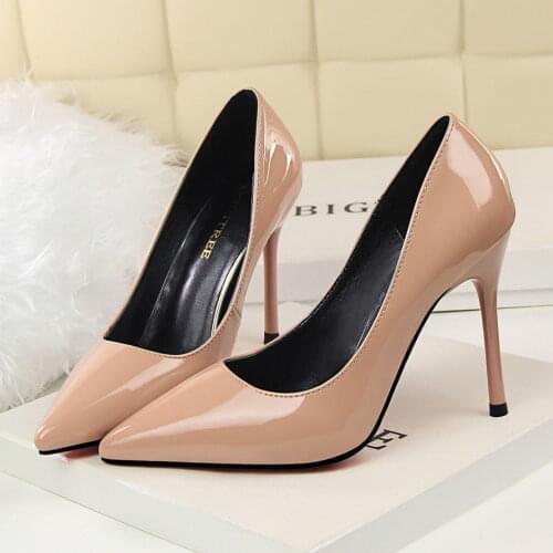 10cm Office Thin Heels Pumps Women Shoes Pointed Toe Patent Leather Wedding Dress Shoes Woman Chaussures Femme