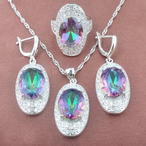 Unique Multicolor Rainbow Zirconia Jewelry Set For Women Weedding Silver Color Ring Necklace And Earrings Set TZ0586