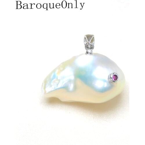 BaroqueOnly Bizarre Fish AAAA Zircon Pendant Multi-colors Irregular Baroque Pearl 15-20mm Real Pearl Fine Jewelry PIB