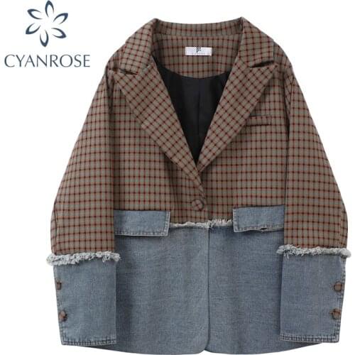 Womens Blazers Plaid Spliced 2020 Autumn Winter Korean Fashion Casual Long Sleeve Loose Single Breasted Suit Jacket Women Tops