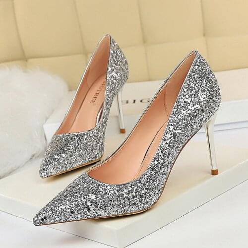 2020 New Spring Women Pumps High Thin Heels Pointed Toe Sequins Sexy Bling Bridal Wedding Shoes Women Shoes Gold High Heels