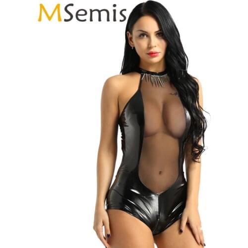 Womens Wet Look Leather Bodysuit Halter Backless Transparent Mesh Splice Latex Rompers Lingerie Sexy Zipper Open Crotch Catsuit