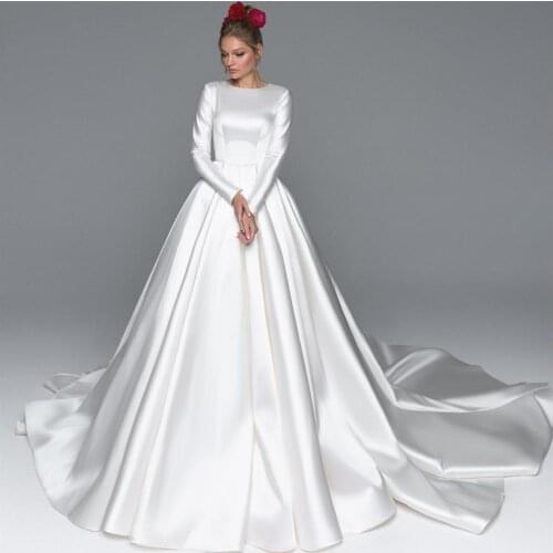 2021 New Vestidos de Noiva Elegant Satin Wedding Dresses A-Line Jewel Neck Long Sleeve Muslim Bridal Gowns Custom Made