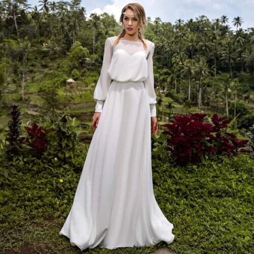 Elegant Chiffon Beach Wedding Dress Long Sleeve 2021 Corset O-Neck High Quality Plus Size Bridal Gowns Vestido De Novia