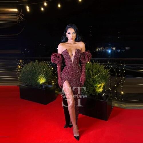 New Arrival Burgundy Sequins Red Carpet Dresses Women Long Golves Glitter Prom Dress Custom Made High Slit Evening Gowns