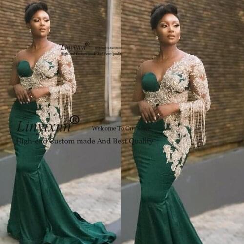 2021 Dubai Hunter Green Prom Dresses One Shoulder Long Sleeves Beaded Pearls Mermaid Sweep Train Arabic Formal Evening Dresses