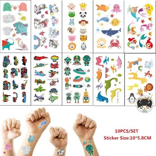 10pcs/set Cute Temporary Tatoo Mermaid Unicorn Dolphin Airplane Cartoon Kids Tattoo Waterproof for Boys Girls Fake Tattoo Tatuaz