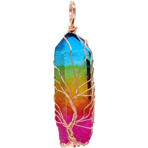 100-Unique 1 Pcs Rose Gold Color Wire Wrap Irregular Shape Crystal Dyed Colorful Pendant Trendy Jewelry