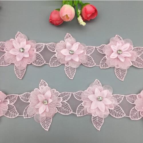 2 yards Pink Lace Ribbon Leaf Pearl Rhinestones Embroidered Lace Trim Fabric Patches Applique Wedding Dress Clothes DIY Sewing