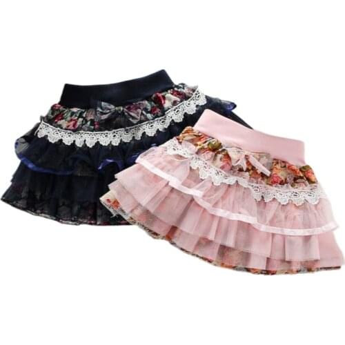 2020 Summer New Girls Skirts Fashion Floral Sweet Princess Girl Pleated Skirt Three-layer Mesh Plus Cotton Mini Skirt for Kids