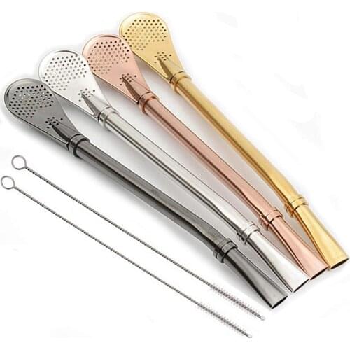 4pcs Stainless Steel Straws Yerba Mate Bombilla Drinking Straws Free Cleaning Brush Spoon Reusable Tea Filter Tools