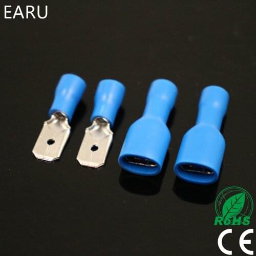 50pcs 25pairs 6.3mm 16-14AWG Female Male Electrical Wiring Connector Insulated Crimp Terminal Spade Blue FDFD 2-250 MDD 2-250