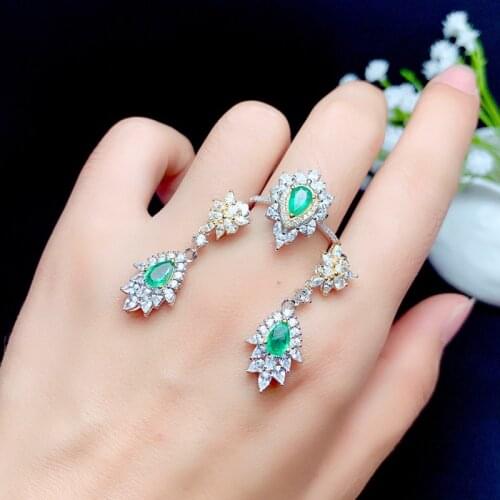 925 Sliver Natural Columbia Emerald Jewelry Sets for Women Party Earrings and Ring Top Quality Real Green Gemstones Gifts 4*6MM