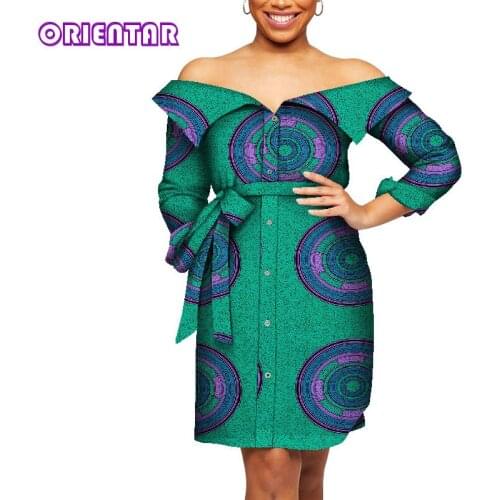 African Dresses for Women 2021 Slash Neck Ankara Dress with Waistband African Print Short Dress African Clothes 5XL 6XL WY8485
