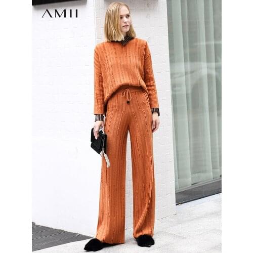 Amii Minimalist Spring Knit Set Solid Knit Pullover Elasticated Waist Loose Wide Leg Knit Pants 11840185