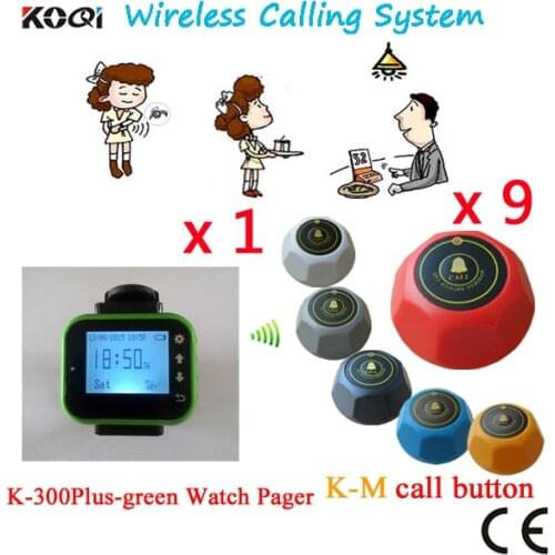 Wireless Waiter Wrist Pagers Table Waiter Service Call System Smart Watches Calling Launch Button(1 watch+9 table call button)