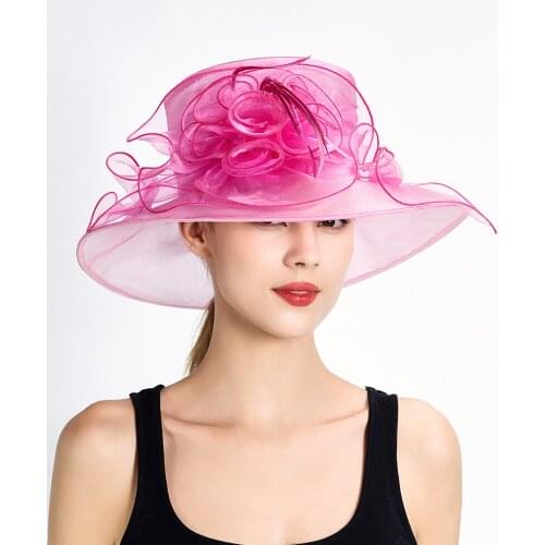 Ladies Fancy Organza Church Hat with Feathers Kentucky Derby Hat Summer Hat Floral Hat Wide Brim S10-2722