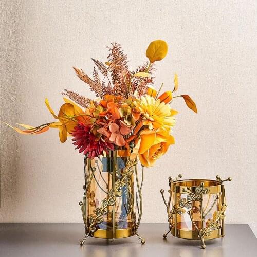 Europe Glass vase Advanced Golden metal Flower Vase for Room Study Hallway Home Wedding Decor Home Furnishing Decoration Crafts