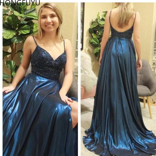 HONGFUYU Spaghetti Straps Beading Prom Dresses Formal A-line Satin Slit Evening Dresses Long Elegant Party Gowns Custom Made New