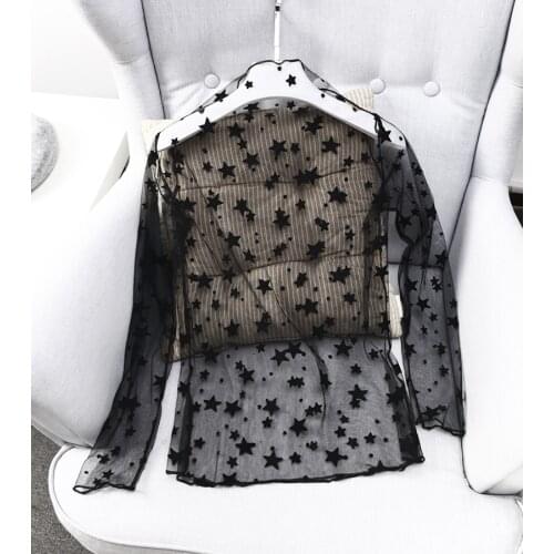 2017 Hot Trend Women Perspective Bottom Shirts Stand Collar Mesh Lace Long-sleeve blouse Sexy Basic Top for Female