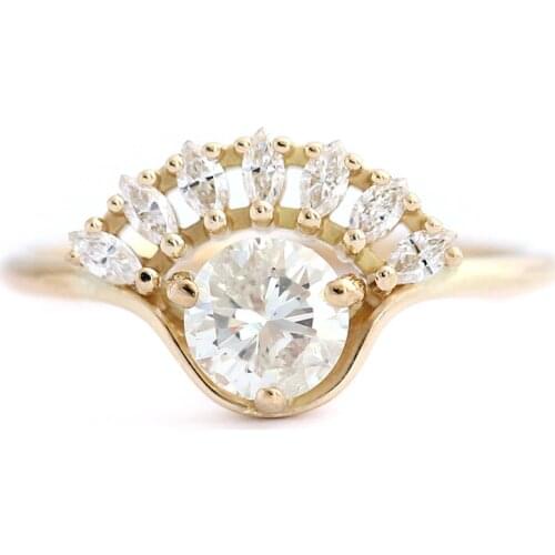 Marquise and Round Moissanite 1ctw lab Diamond Solitaire Wedding Engagement Ring Solid 14K Yellow Gold for Women