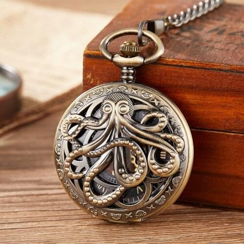 Octopus Brown Mechanical Pocket Watch Steampunk Skeleton Hand-Wind Flip Clock Fob Watch Chain Men Women Gift Collection Box