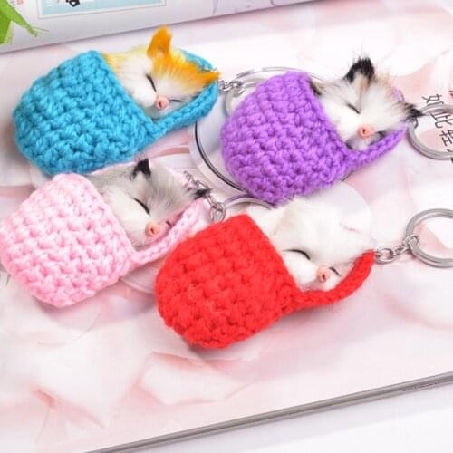 Cute Sleeping Cat Pompom Keychains Women Girls Handmade Woven Slipper Faux Fur Kitten Key Rings Fluffy Bag Car Pendants Gift