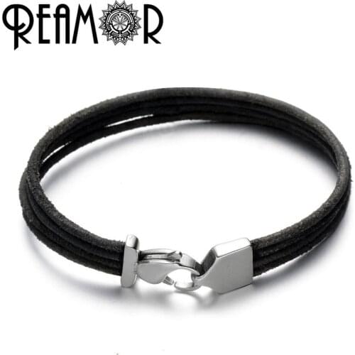 REAMOR Trendy Four layers Red/Blue Genuine Leather Bracelets 316L Stainless Steel Lobster Clasp Charm Unisex Bracelet Jewelry