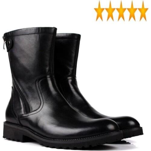 Mens Winter High Top Warm Genuine Leather Mid-Calf Boots With Buckle Antiskid Platform Italian Shoes Male Footwear