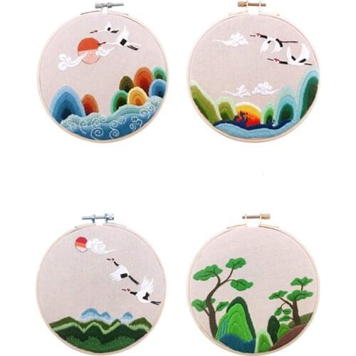 Chinese Style Crane Pine Pattern Cotton Cloth Unfinished Embroidery Kit DIY Embroidered Sewing Cross Stitch Set Art Home Decor