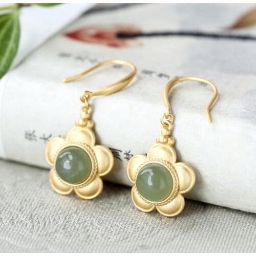 New Silver Inlaid Natural Hetian Sapphire Cute Fresh And Elegant Craft Niche Design Small Flower Shape Women Earrings
