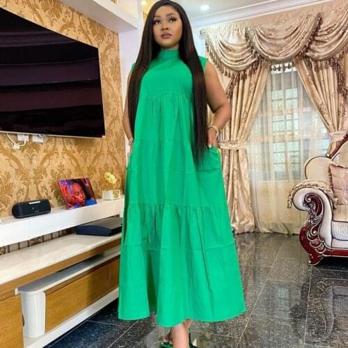 Ruffles African Dresses For Women Sleeveless Solid Loose A Line Dress 2021 New Sexy Elegant African Traditional Party Dress Robe