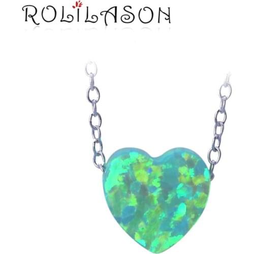 ROLLASON 925 sterling silver necklace pendant party design Heart-shaped green fire opal for women OPS740