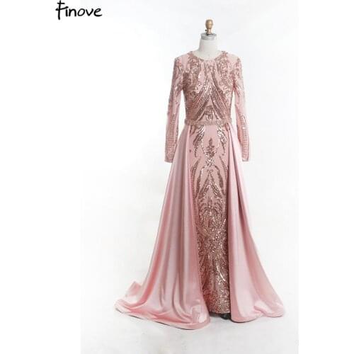 Dubai Pink Muslim Evening Dresses Elegant O-Neck Long Sleeves Mermaid Appliques Sequins Formal Evening Gowns