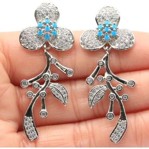 51x25mm Lovely Flowers Shape Silver Earrings For Women Created Blue Turquoise CZ Silver Earrings