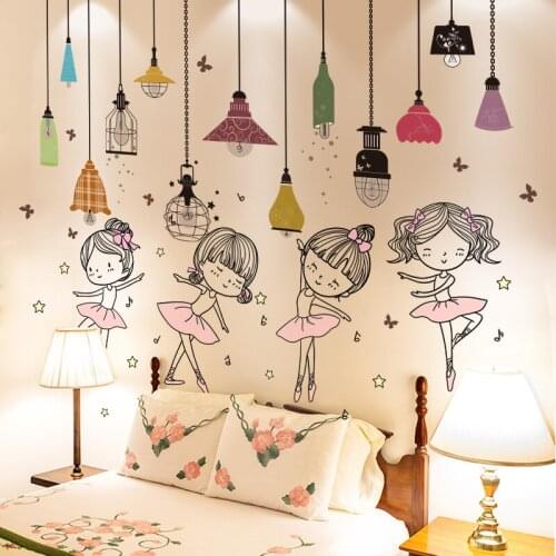 [shijuekongjian] Chandeliers Lights Wall Stickers DIY Cartoon Ballet Girl Wall Decals for Baby Bedroom Kids Room Home Decoration