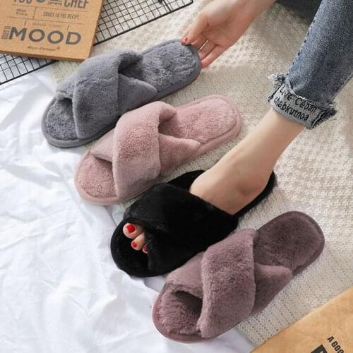 Plush Cross Slippers Women Shoes Flip Flops Home Slides Non-Slip Floor Indoor Furry Slippers Women Shoes For Living Room Bota