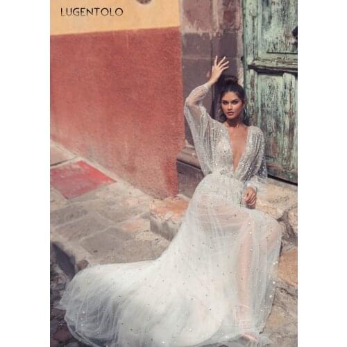 Party Sexy Dress Shiny Deep V Neck Backless Perspective Empire Dresses Female Loose Big Swing Spring Thin Long Dress Lugentolo