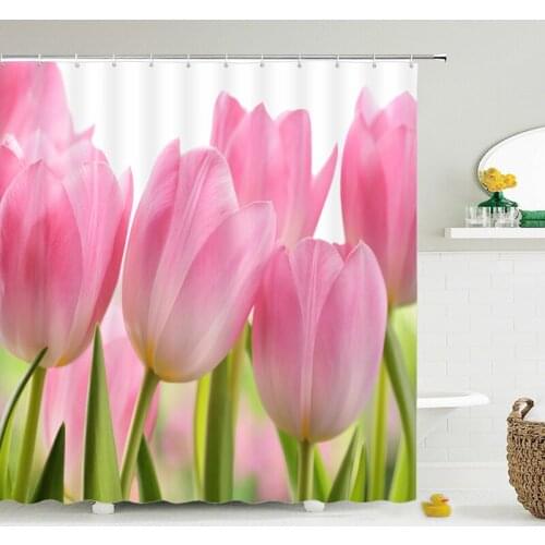 3d Tulip Fresh Flowers Shark Shower Curtains Bathroom Waterproof Bath Curtain Polyester Cloth With Hooks Decorative Bath Screen